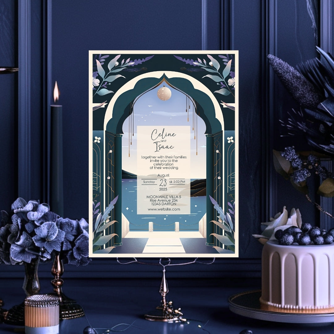 Celestial Santorini Arch Wedding Invitation