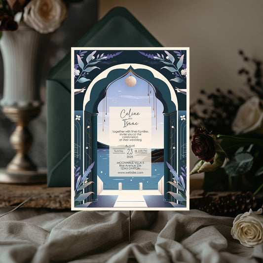 Celestial Santorini Arch Wedding Invitation