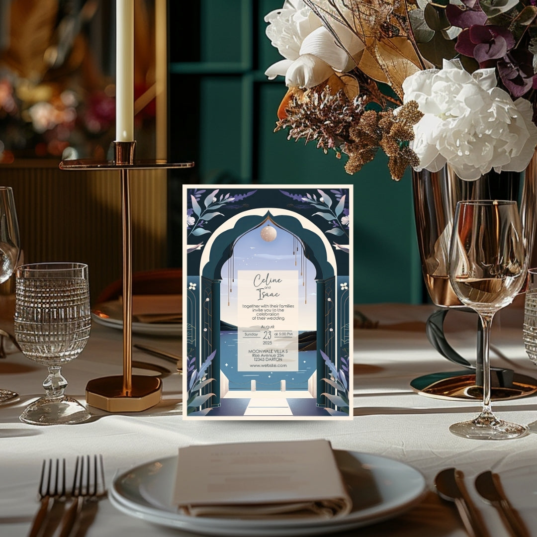 Celestial Santorini Arch Wedding Invitation
