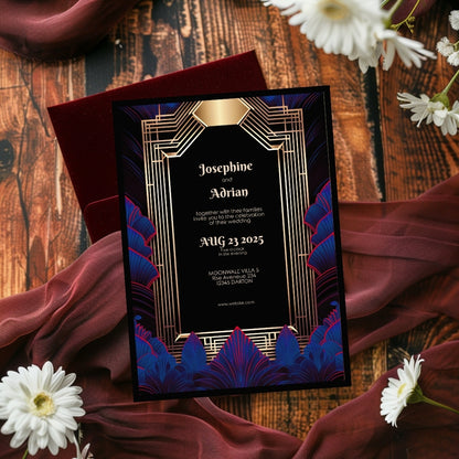 Blue Feather Gold Art Deco Wedding Invitation