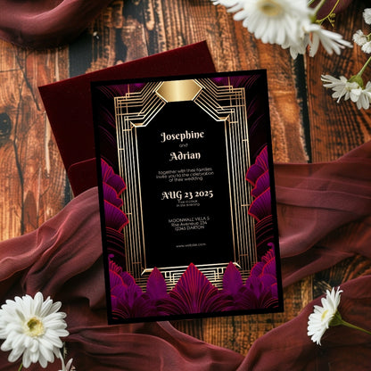 Pink Magenta Feather Art Deco Wedding Invitation
