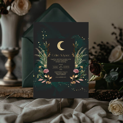 Green Celestial Floral Garden Wedding Invitation Set - 5x7 Invitation, 4.5x6.25 Details, 3.5.x5 RSVP