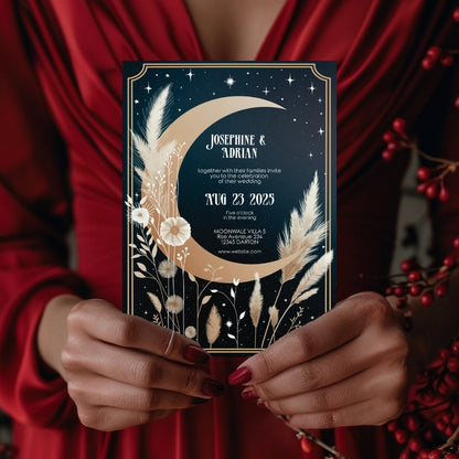 Celestial Moon Dry Pampas Grass Wedding Invitation