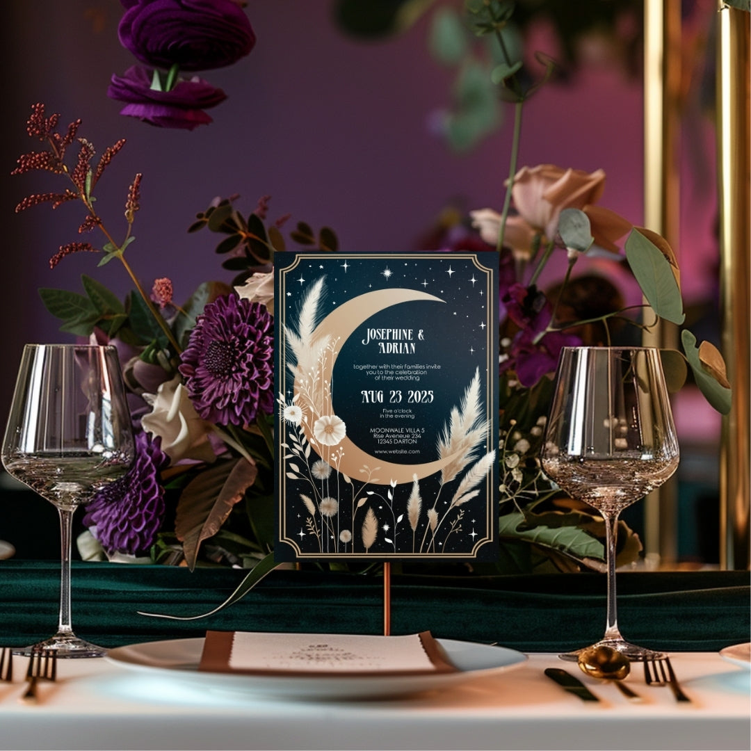 Celestial Moon Dry Pampas Grass Wedding Invitation
