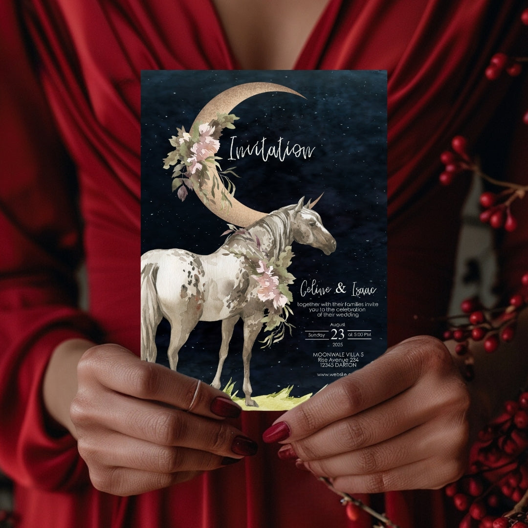 Celestial Horse Dark Romantic Minimalist Wedding Invitation
