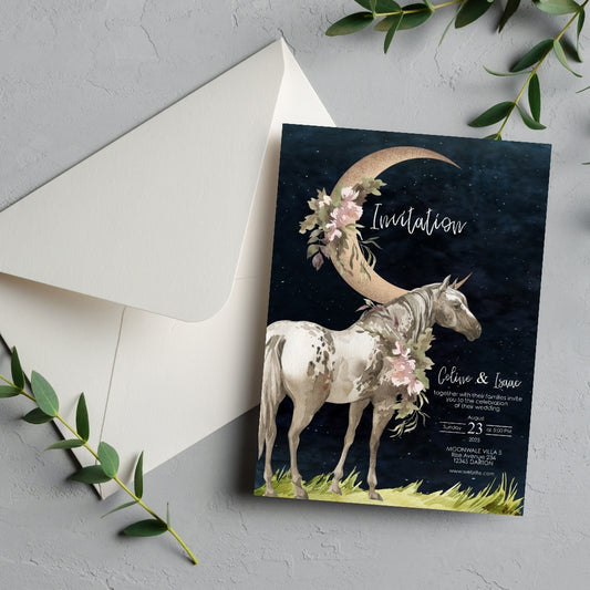 Celestial Horse Dark Romantic Minimalist Wedding Invitation