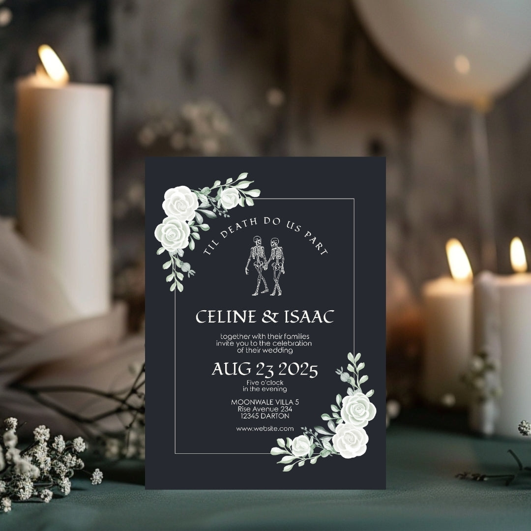 Gothic Minimalist White Roses Wedding Invitation
