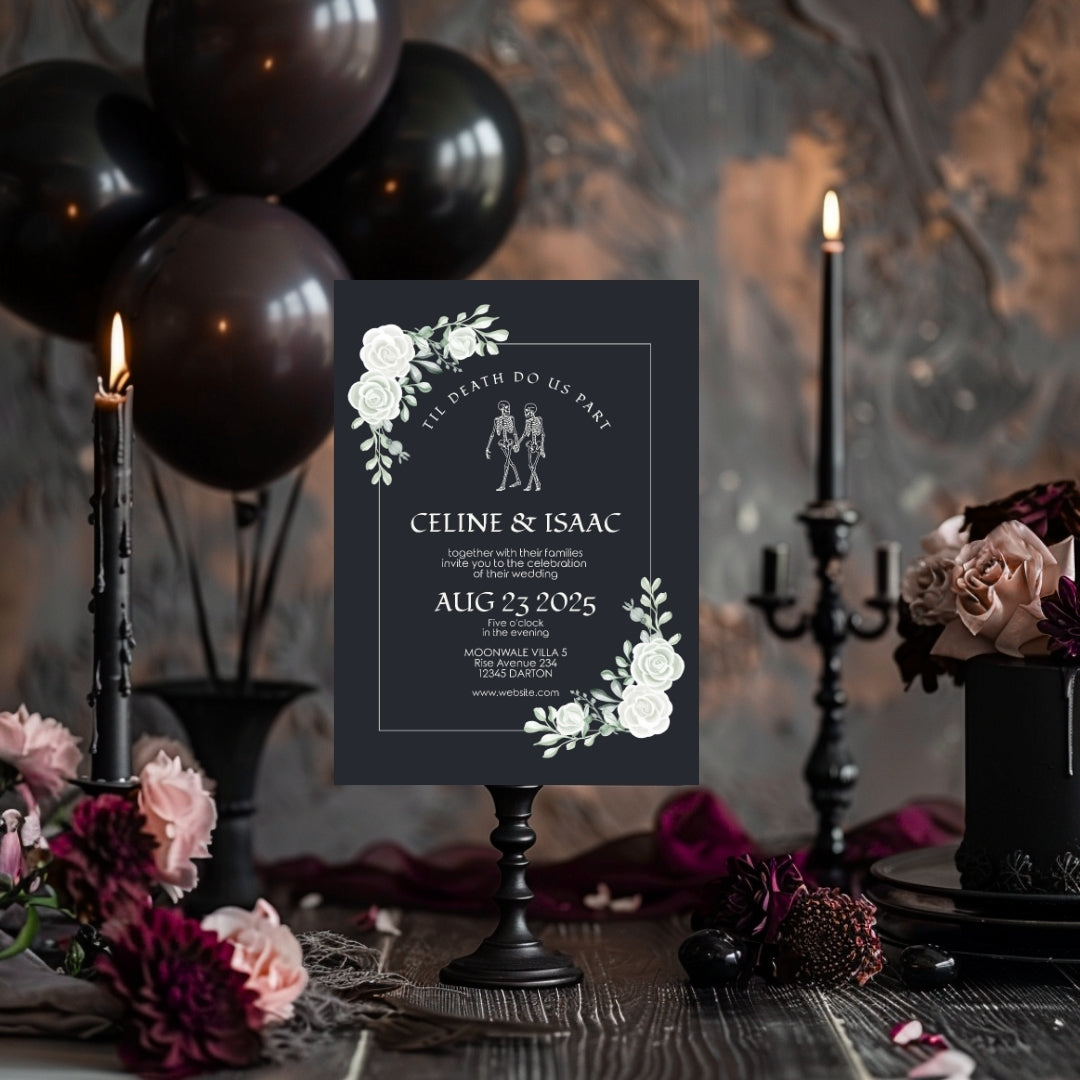 Gothic Minimalist White Roses Wedding Invitation