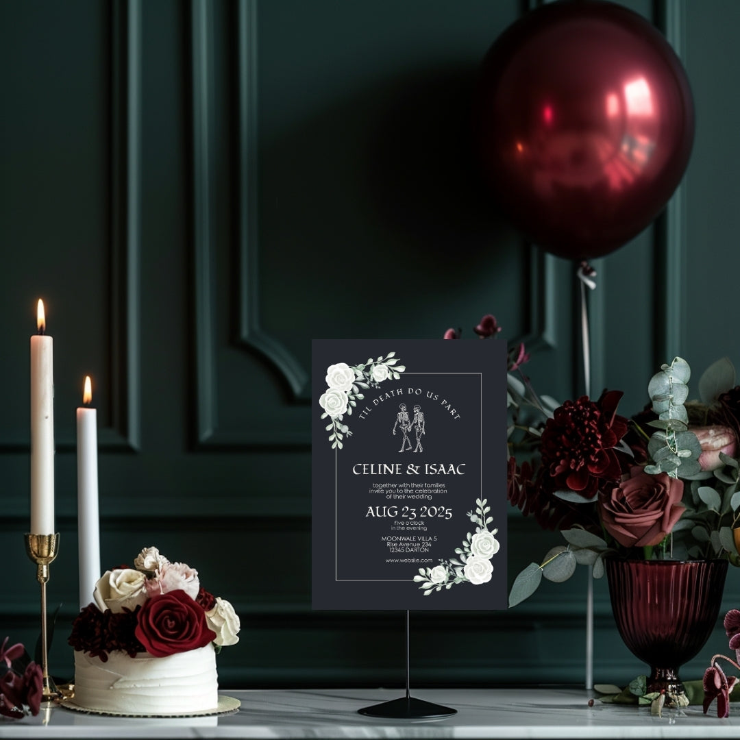 Gothic Minimalist White Roses Wedding Invitation
