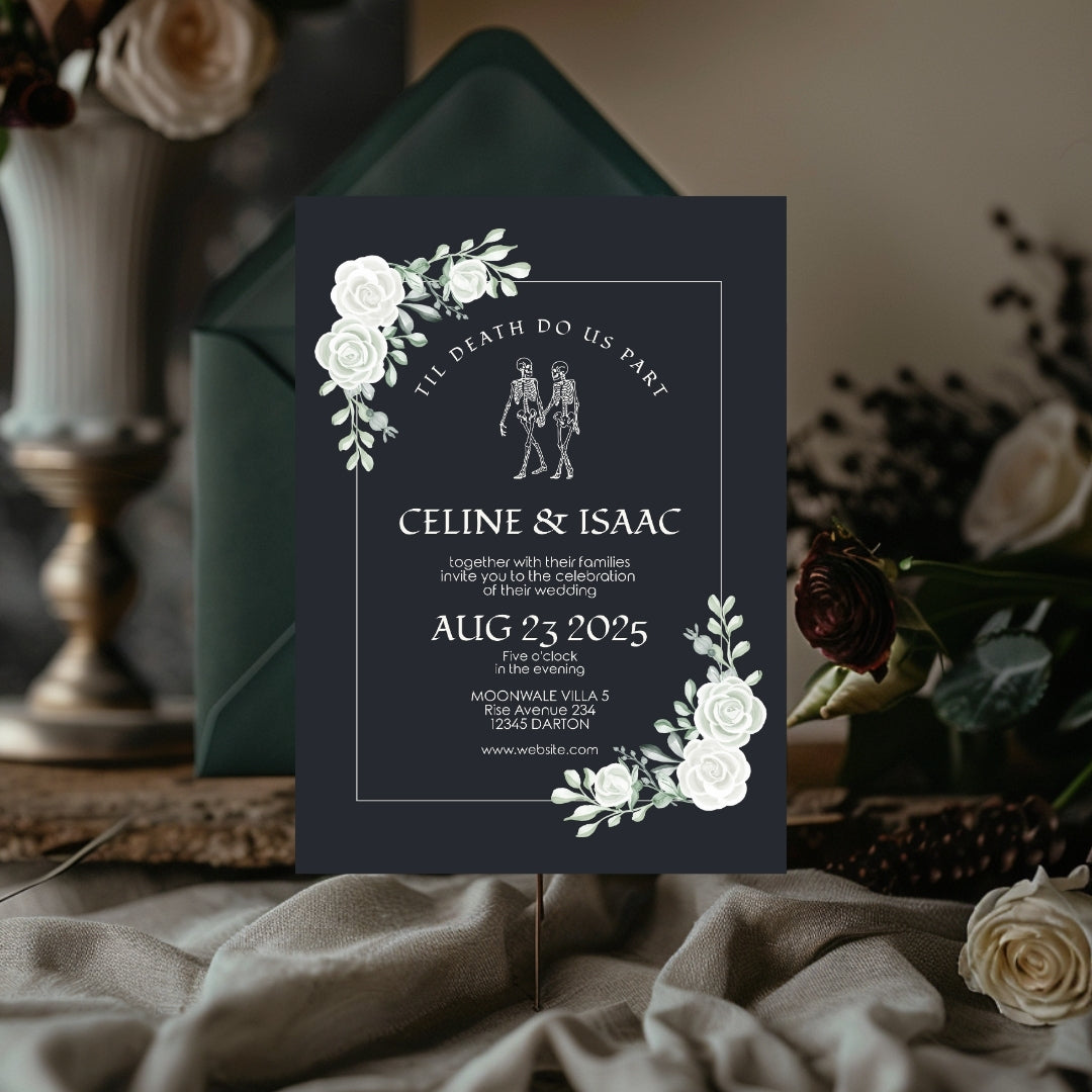 Gothic Minimalist White Roses Wedding Invitation