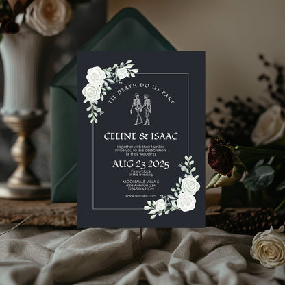 Gothic Minimalist White Roses Wedding Invitation