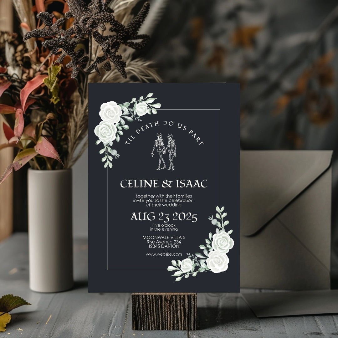 Gothic Minimalist White Roses Wedding Invitation