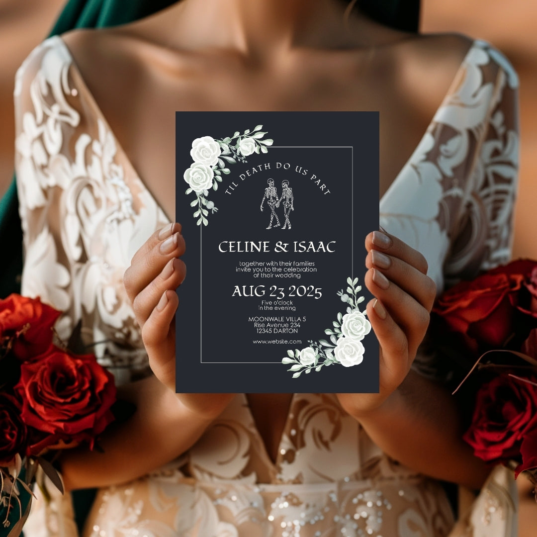 Gothic Minimalist White Roses Wedding Invitation
