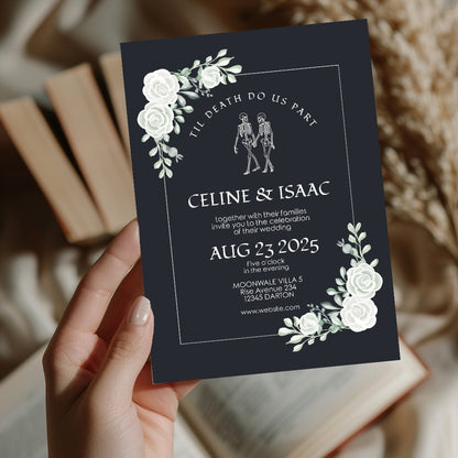 Gothic Minimalist White Roses Wedding Invitation