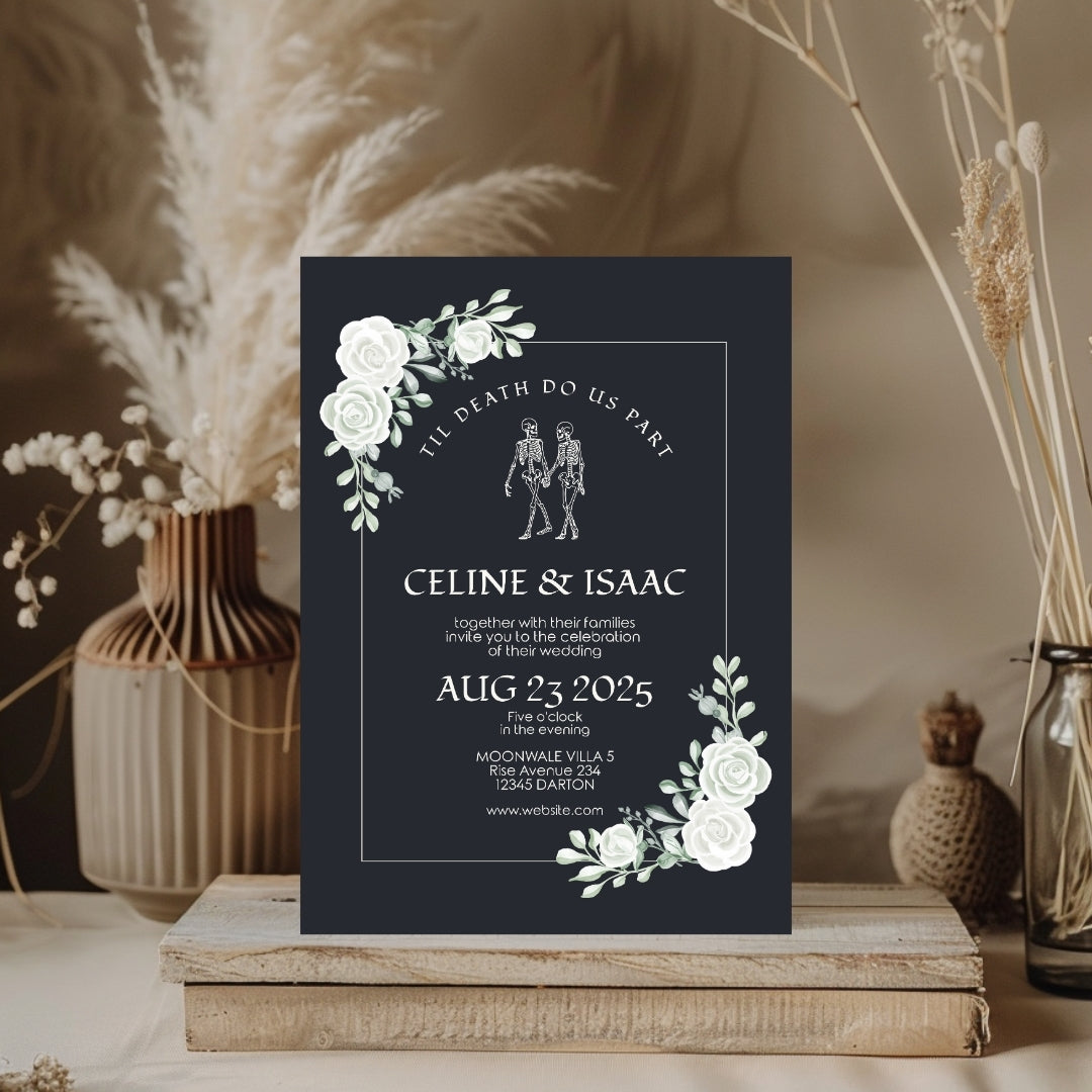 Gothic Minimalist White Roses Wedding Invitation