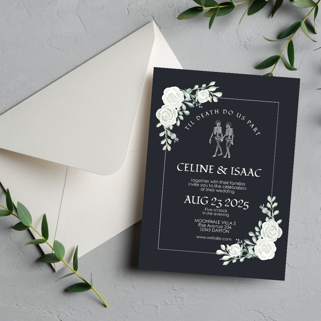 Gothic Minimalist White Roses Wedding Invitation