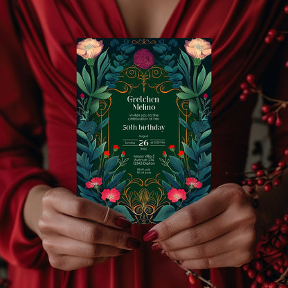 Elegant Botanical Folk Art Nouveau Birthday Invitation