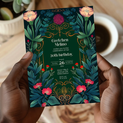 Elegant Botanical Folk Art Nouveau Birthday Invitation