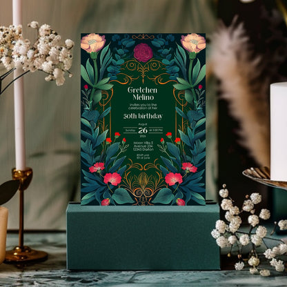 Elegant Botanical Folk Art Nouveau Birthday Invitation