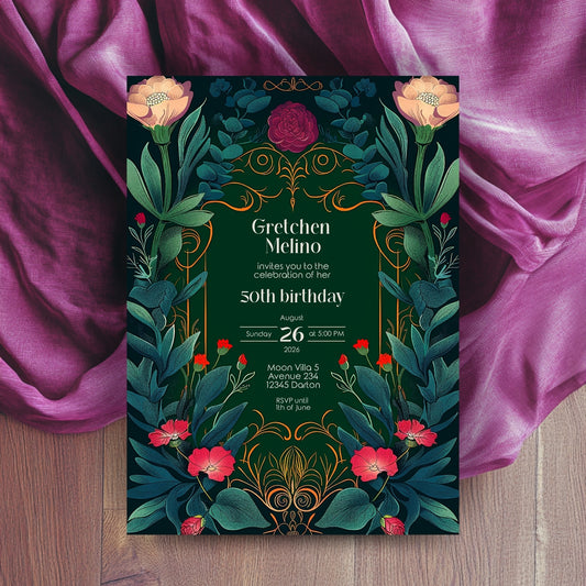 Elegant Botanical Folk Art Nouveau Birthday Invitation