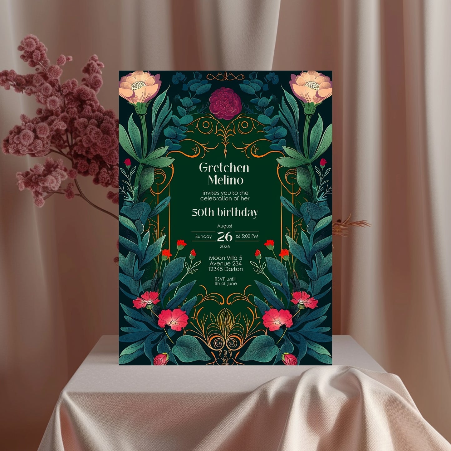 Elegant Botanical Folk Art Nouveau Birthday Invitation