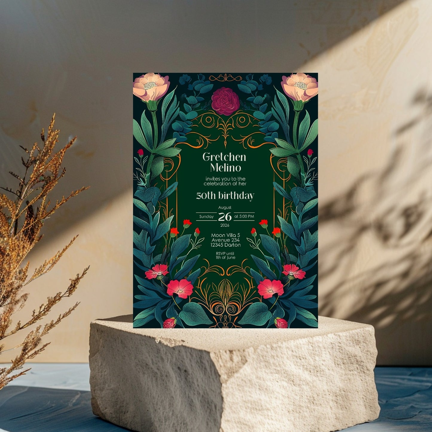 Elegant Botanical Folk Art Nouveau Birthday Invitation