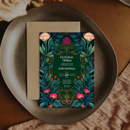 Elegant Botanical Folk Art Nouveau Birthday Invitation