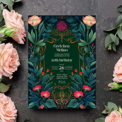Elegant Botanical Folk Art Nouveau Birthday Invitation