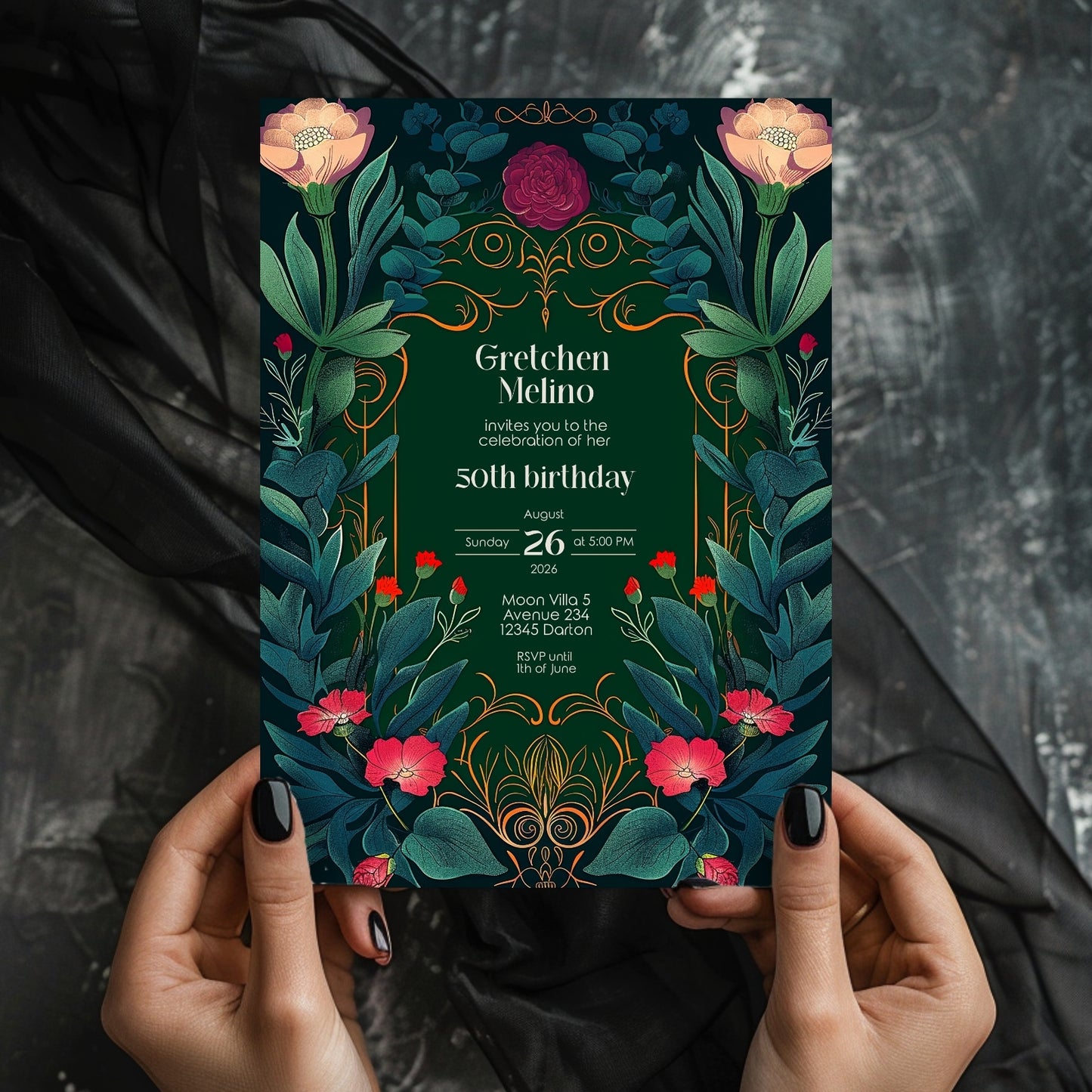 Elegant Botanical Folk Art Nouveau Birthday Invitation
