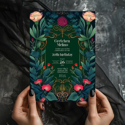 Elegant Botanical Folk Art Nouveau Birthday Invitation
