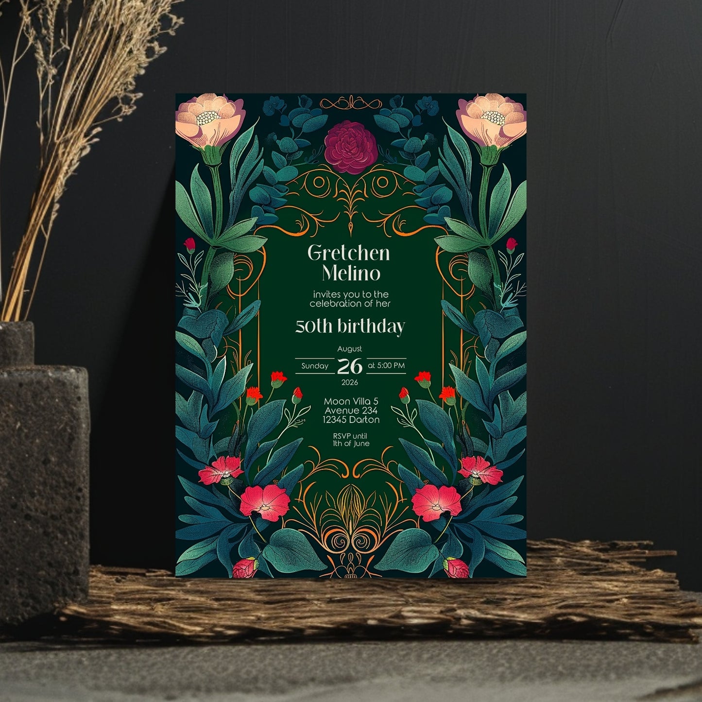 Elegant Botanical Folk Art Nouveau Birthday Invitation
