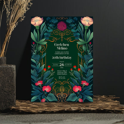 Elegant Botanical Folk Art Nouveau Birthday Invitation