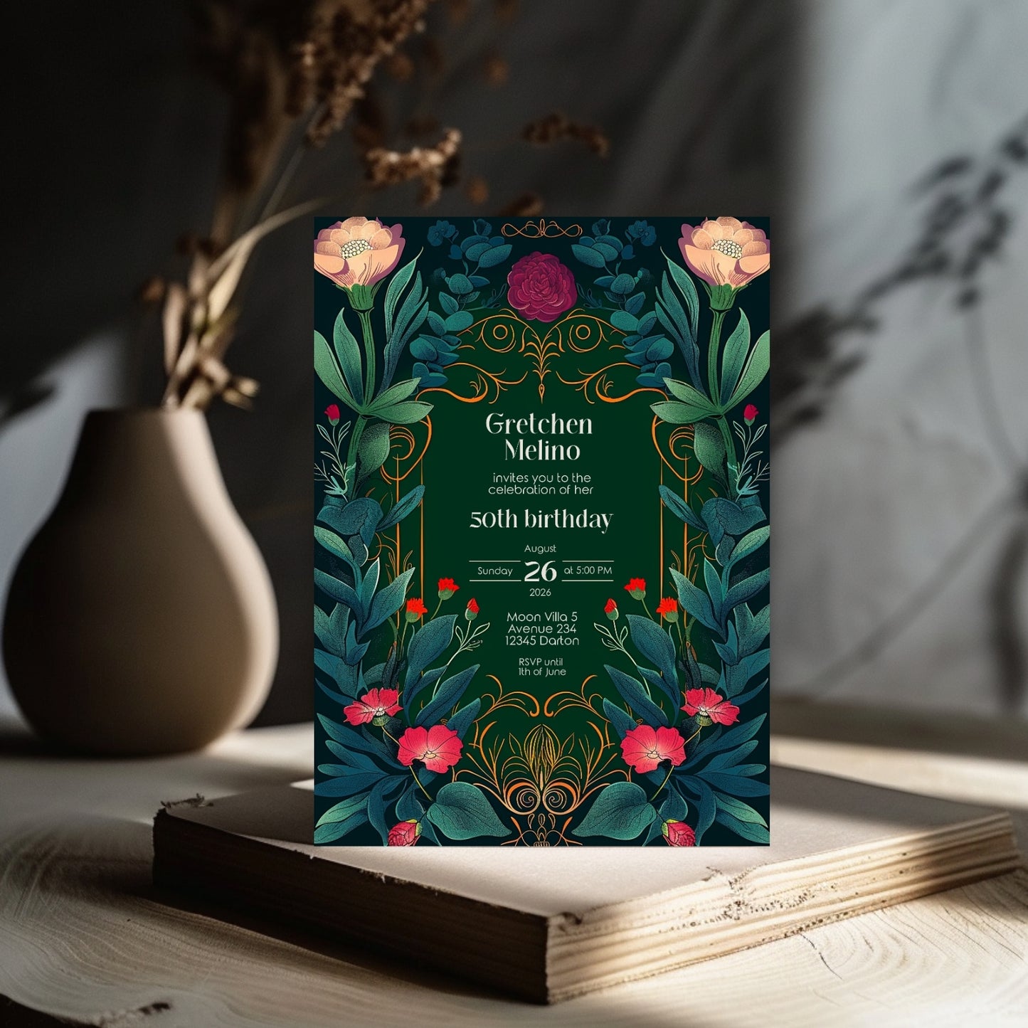 Elegant Botanical Folk Art Nouveau Birthday Invitation