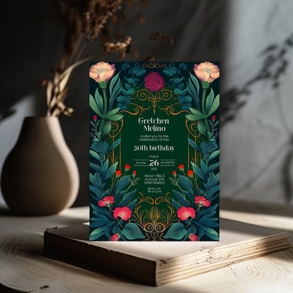 Elegant Botanical Folk Art Nouveau Birthday Invitation