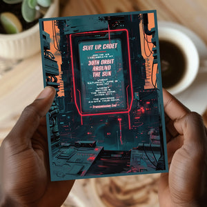 Futuristic Sci-Fi Birthday Invitation - Cyberpunk Space Party Editable Neon Card