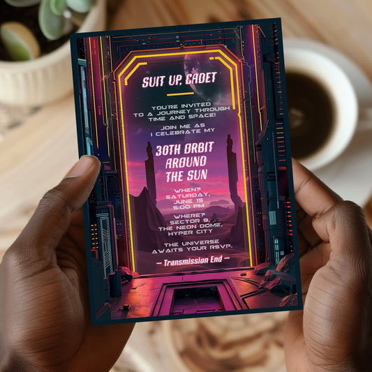 Retro Futuristic Space Birthday Invitation - Sci-Fi Neon City Party Card