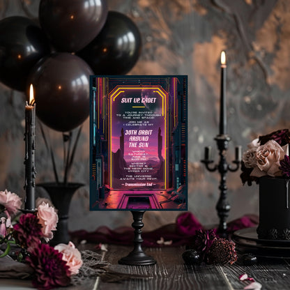 Retro Futuristic Space Birthday Invitation - Sci-Fi Neon City Party Card