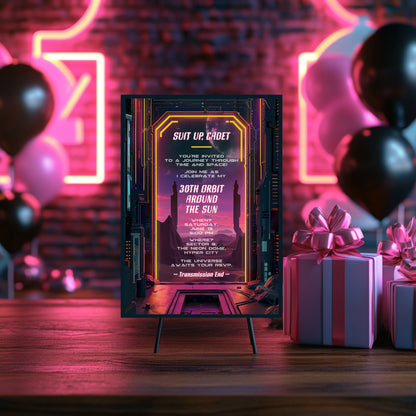 Retro Futuristic Space Birthday Invitation - Sci-Fi Neon City Party Card