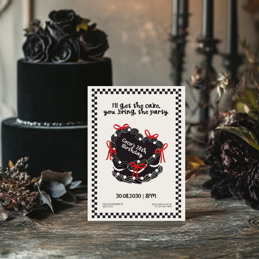 Dark Birthday Party Invitation with Cute Heart Cake  – Retro Coquette Doodle Style, Cute Gothic