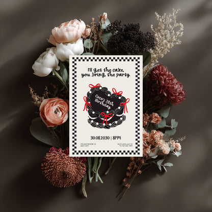 Dark Birthday Party Invitation with Cute Heart Cake  – Retro Coquette Doodle Style, Cute Gothic