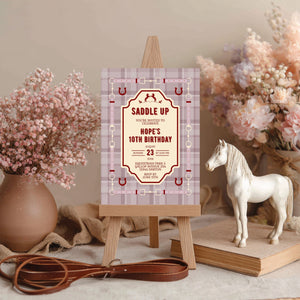 Elegant Equestrian Birthday Invitation - Dust Pink and Red Checkered Pattern and Horse Motif