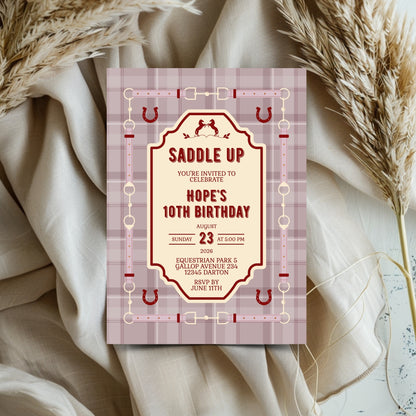 Elegant Equestrian Birthday Invitation - Dust Pink and Red Checkered Pattern and Horse Motif