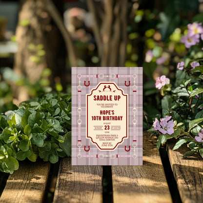 Elegant Equestrian Birthday Invitation - Dust Pink and Red Checkered Pattern and Horse Motif