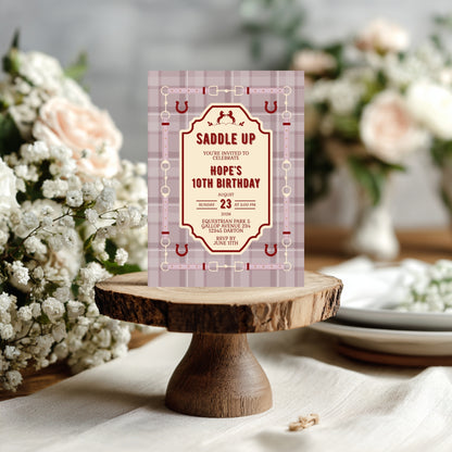 Elegant Equestrian Birthday Invitation - Dust Pink and Red Checkered Pattern and Horse Motif