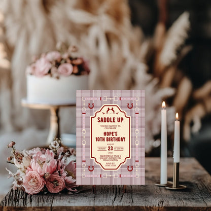 Elegant Equestrian Birthday Invitation - Dust Pink and Red Checkered Pattern and Horse Motif