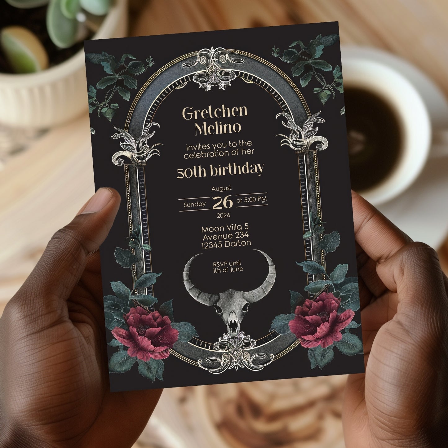 Gothic Baroque Ram Skull Birthday Invitation - Red Roses