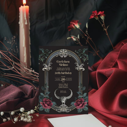 Gothic Baroque Ram Skull Birthday Invitation - Red Roses