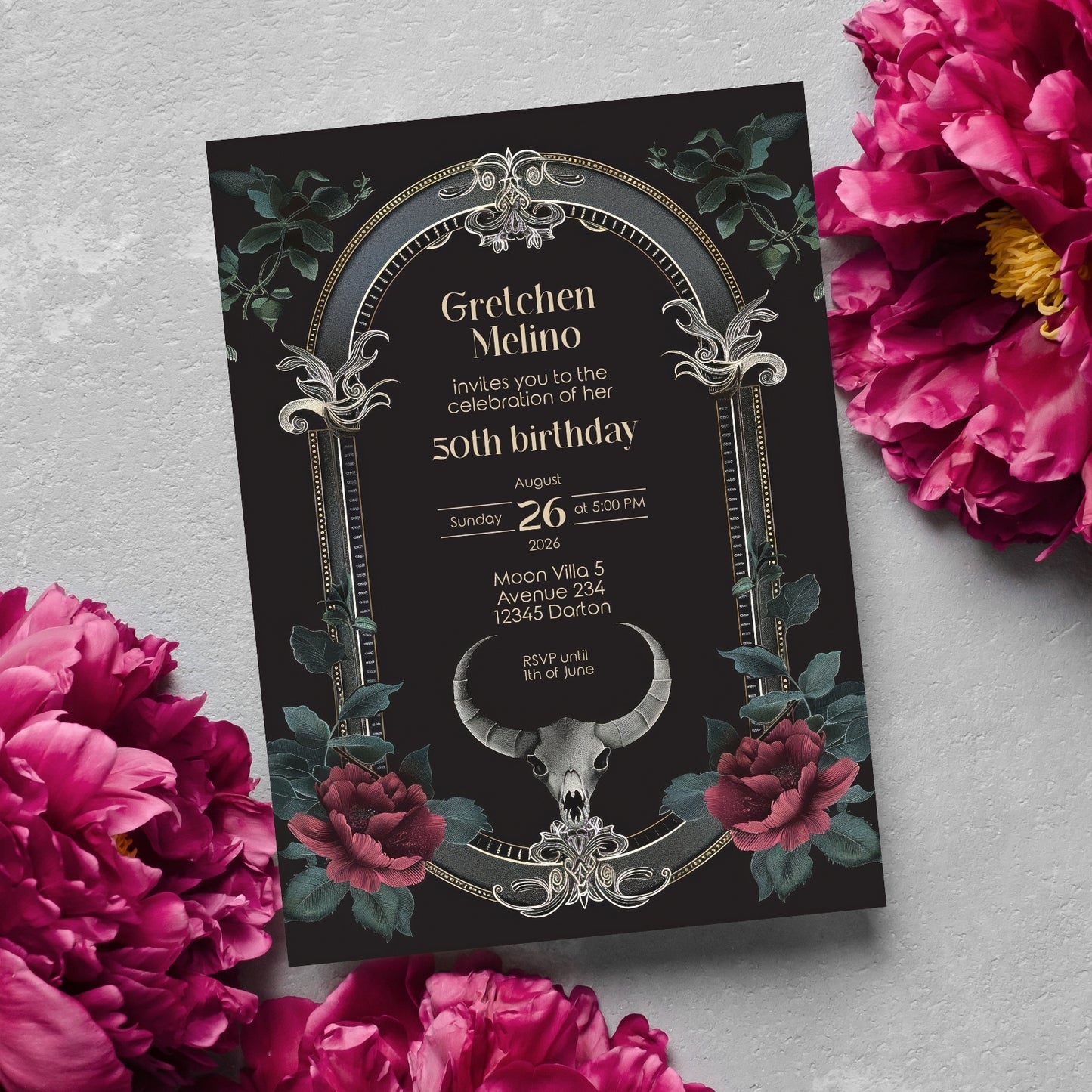 Gothic Baroque Ram Skull Birthday Invitation - Red Roses