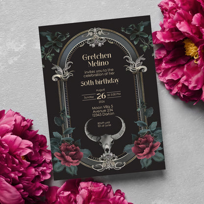 Gothic Baroque Ram Skull Birthday Invitation - Red Roses