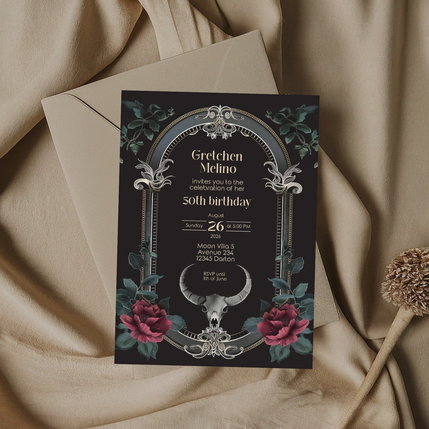 Gothic Baroque Ram Skull Birthday Invitation - Red Roses